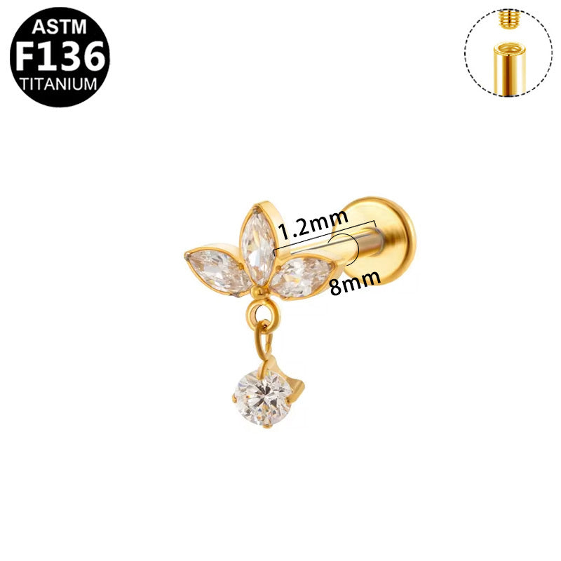 Gaby Jewelry ASTM F136 Titanium Internal Thread Labret Stud Three Marquise CZ Flower Dangle Round Zircon Flat Back Cartilage Earring Piercing Jewelry