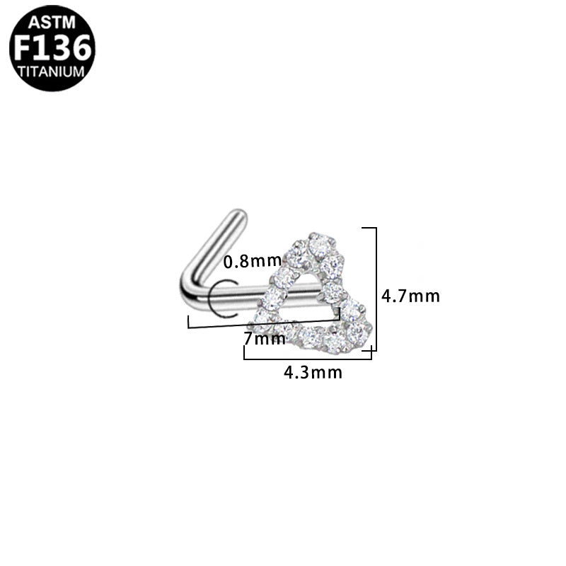 ASTM F136 Titanium 20G Heart Design L Shape Nose Stud CZ Hypoallergenic Implant Grade Titanium
