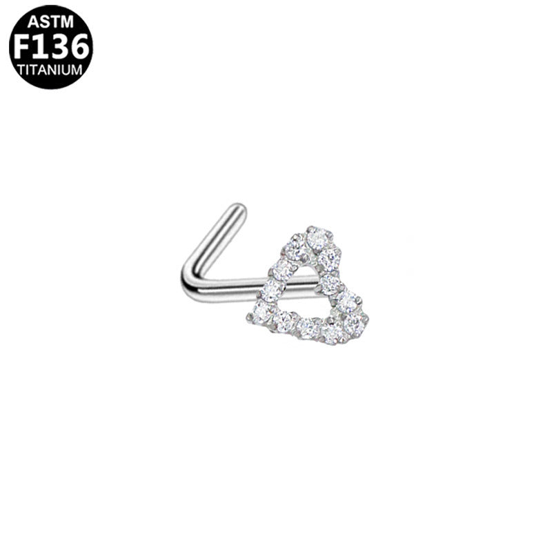 ASTM F136 Titanium 20G Heart Design L Shape Nose Stud CZ Hypoallergenic Implant Grade Titanium