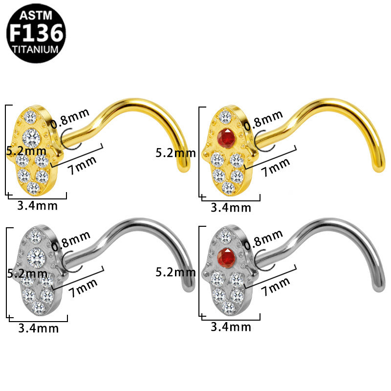 ASTM F136 Titanium 20G Hamsa Hand Screw Nose Stud with Red CZ Clear CZ Implant Grade Titanium