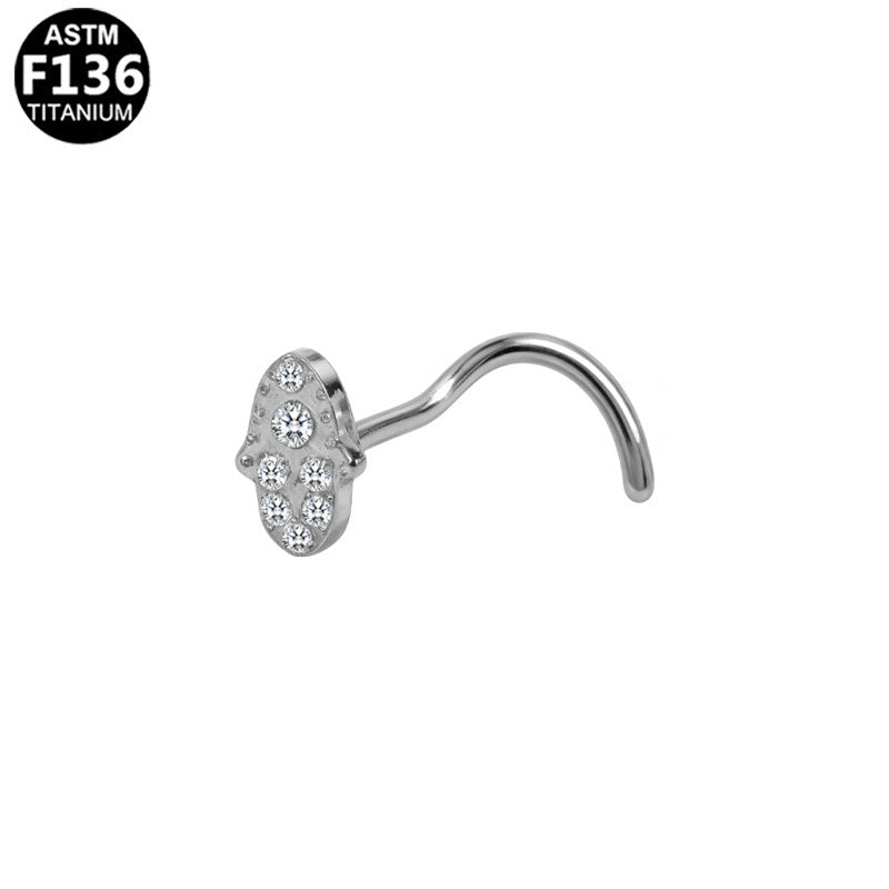 ASTM F136 Titanium 20G Hamsa Hand Screw Nose Stud with Red CZ Clear CZ Implant Grade Titanium