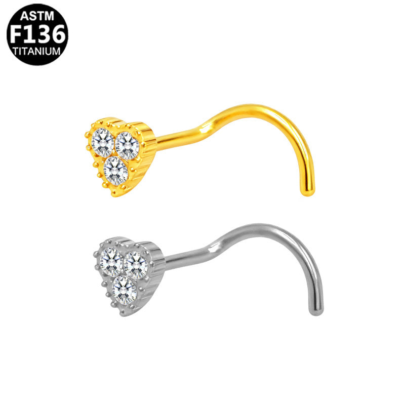 ASTM F136 Titanium 20G Cute Heart Design Screw Nose Stud CZ Implant Grade Titanium