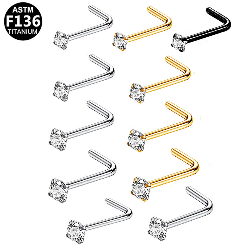 ASTM F136 Titanium 18G 20G 22G L-Shaped Nose Studs with CZ Implant Grade Titanium