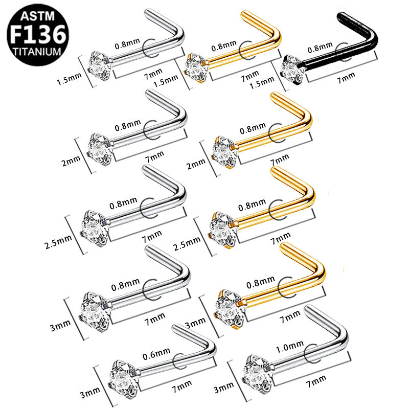 ASTM F136 Titanium 18G 20G 22G L-Shaped Nose Studs with CZ Implant Grade Titanium