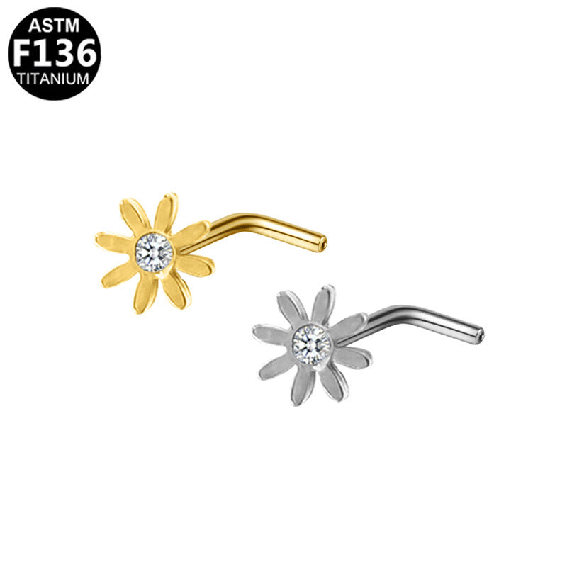 ASTM F136 Titanium 20G Sunflower L-Shape Nose Studs with CZ Implant Grade Titanium Hypoallergenic