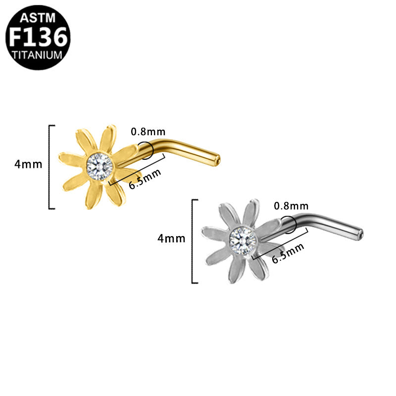 ASTM F136 Titanium 20G Sunflower L-Shape Nose Studs with CZ Implant Grade Titanium Hypoallergenic