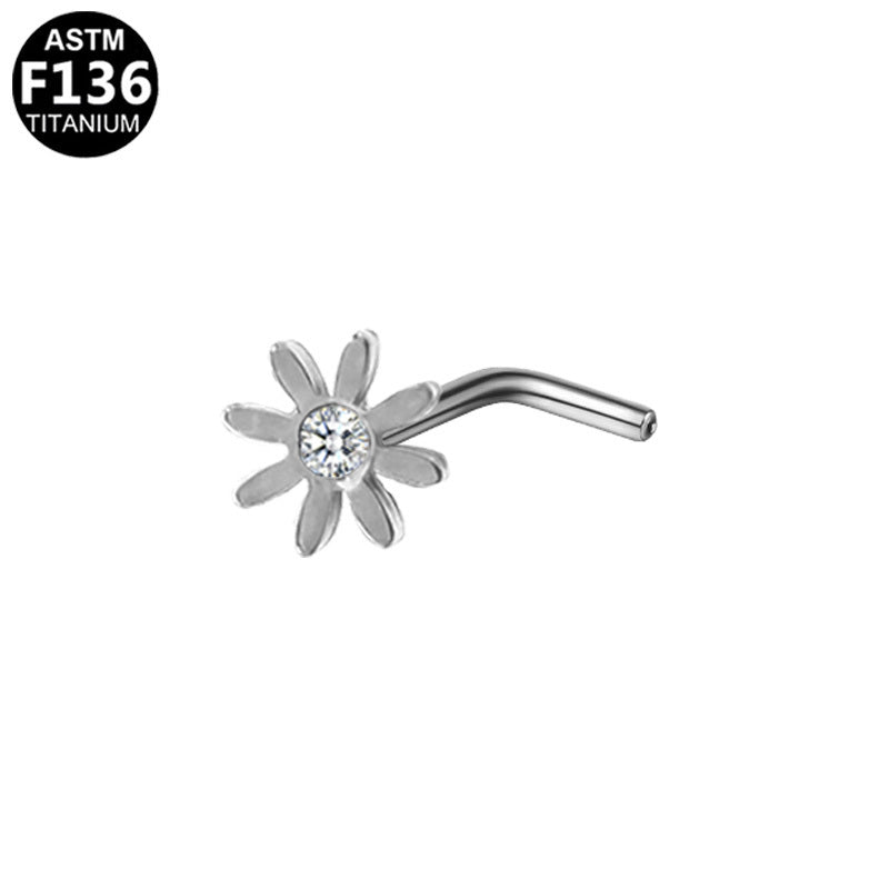 ASTM F136 Titanium 20G Sunflower L-Shape Nose Studs with CZ Implant Grade Titanium Hypoallergenic