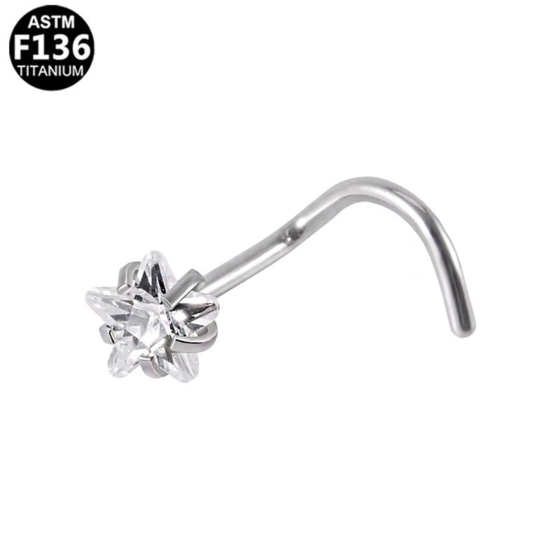 ASTM F136 Titanium 20G Sliver Star Screw Nose Stud with CZ Implant Grade Titanium