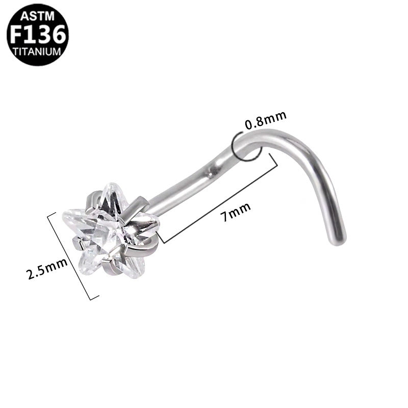 ASTM F136 Titanium 20G Sliver Star Screw Nose Stud with CZ Implant Grade Titanium