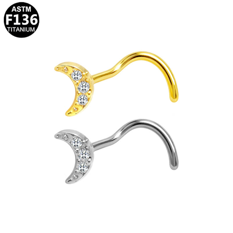 ASTM F136 Titanium 20G Moon Screw Nose Stud with CZ Delicate Hypoallergenic Piercing Jewelry