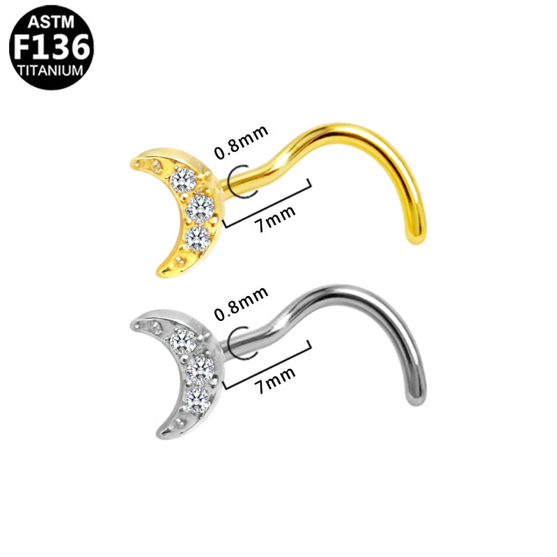 ASTM F136 Titanium 20G Moon Screw Nose Stud with CZ Delicate Hypoallergenic Piercing Jewelry