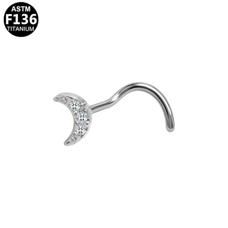 ASTM F136 Titanium 20G Moon Screw Nose Stud with CZ Delicate Hypoallergenic Piercing Jewelry