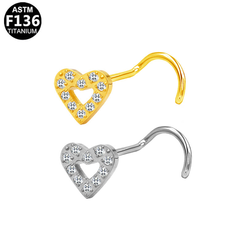 ASTM F136 Titanium 20G Heart-Shaped Nose Stud CZ Hypoallergenic Piercing Jewelry