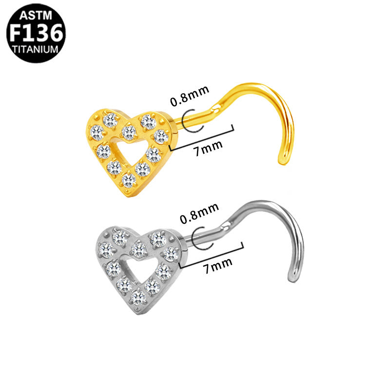 ASTM F136 Titanium 20G Heart-Shaped Nose Stud CZ Hypoallergenic Piercing Jewelry