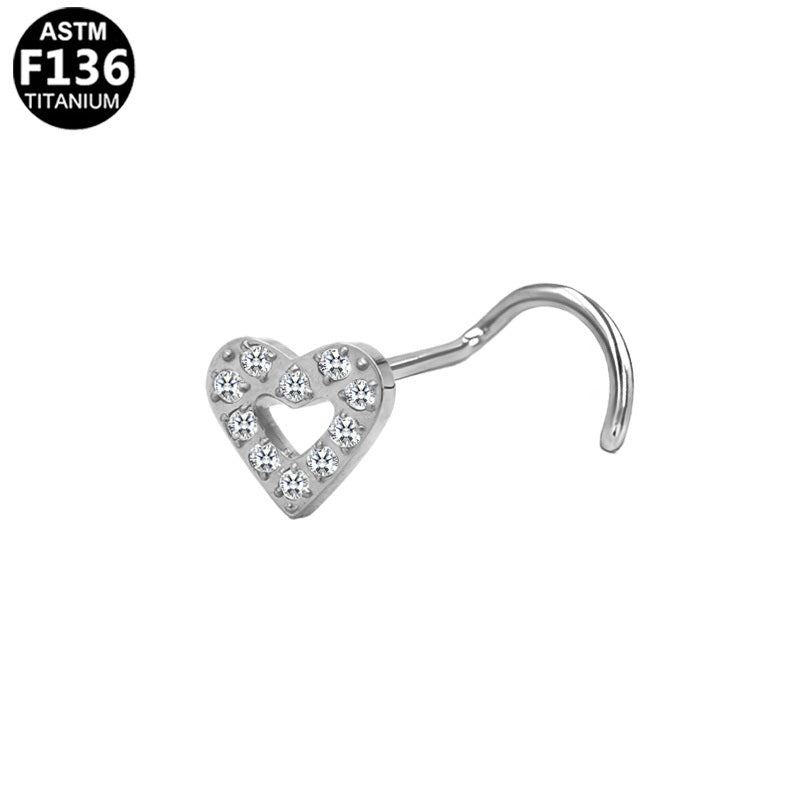 ASTM F136 Titanium 20G Heart-Shaped Nose Stud CZ Hypoallergenic Piercing Jewelry