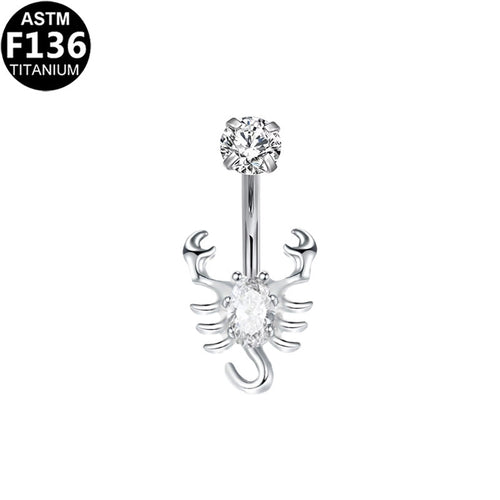 ASTM F136 Titanium 14G CZ Scorpion Internal Thread Belly Button Ring Hypoallergenic Piercing Jewelry