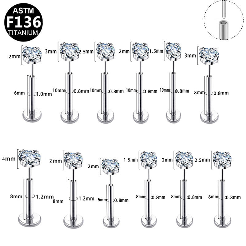 ASTM F136 Titanium 16G 18G 20G CZ Threadless Labret Hypoallergenic Piercing Jewelry
