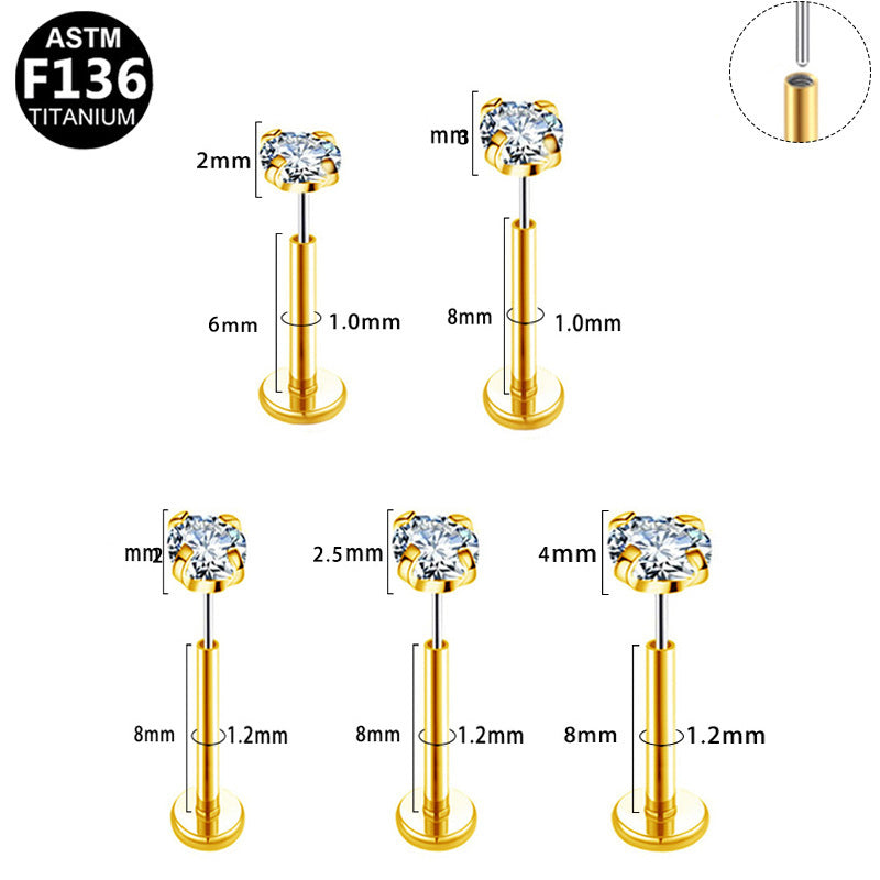 ASTM F136 Titanium 16G 18G 20G CZ Threadless Labret Hypoallergenic Piercing Jewelry