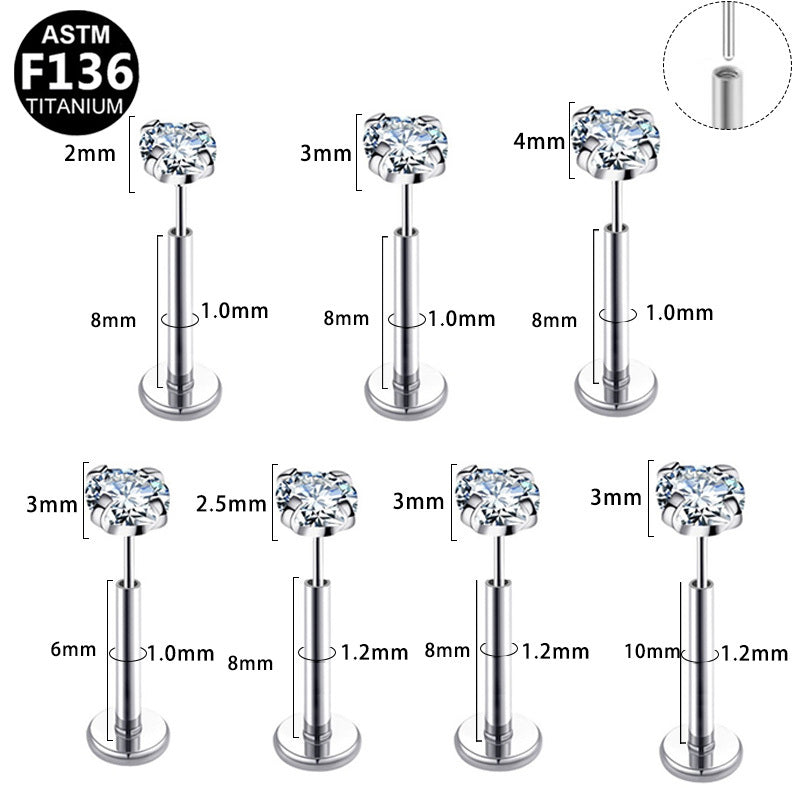 ASTM F136 Titanium 16G 18G 20G CZ Threadless Labret Hypoallergenic Piercing Jewelry