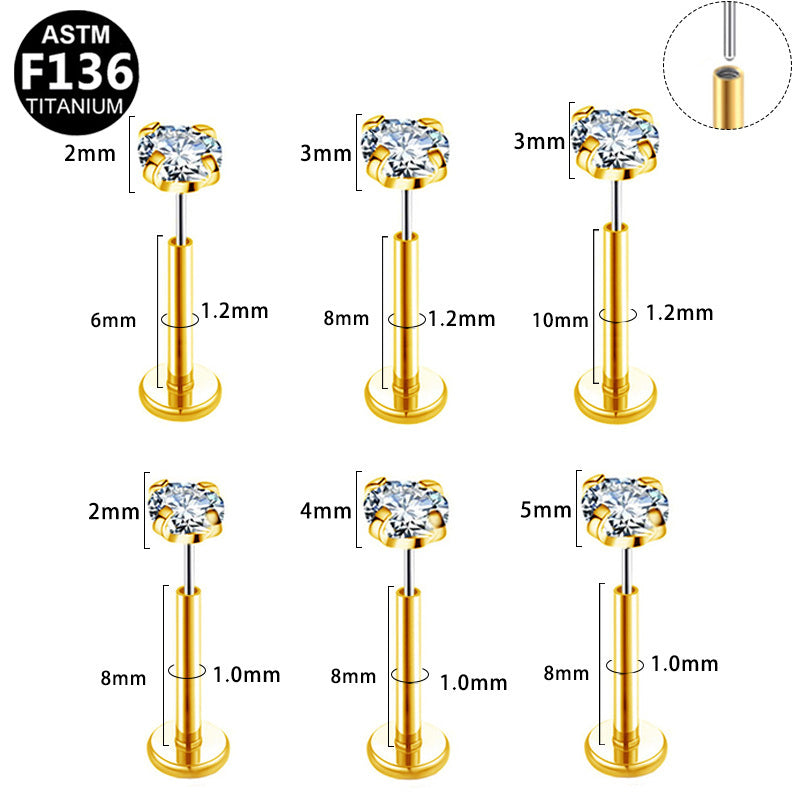 ASTM F136 Titanium 16G 18G 20G CZ Threadless Labret Hypoallergenic Piercing Jewelry