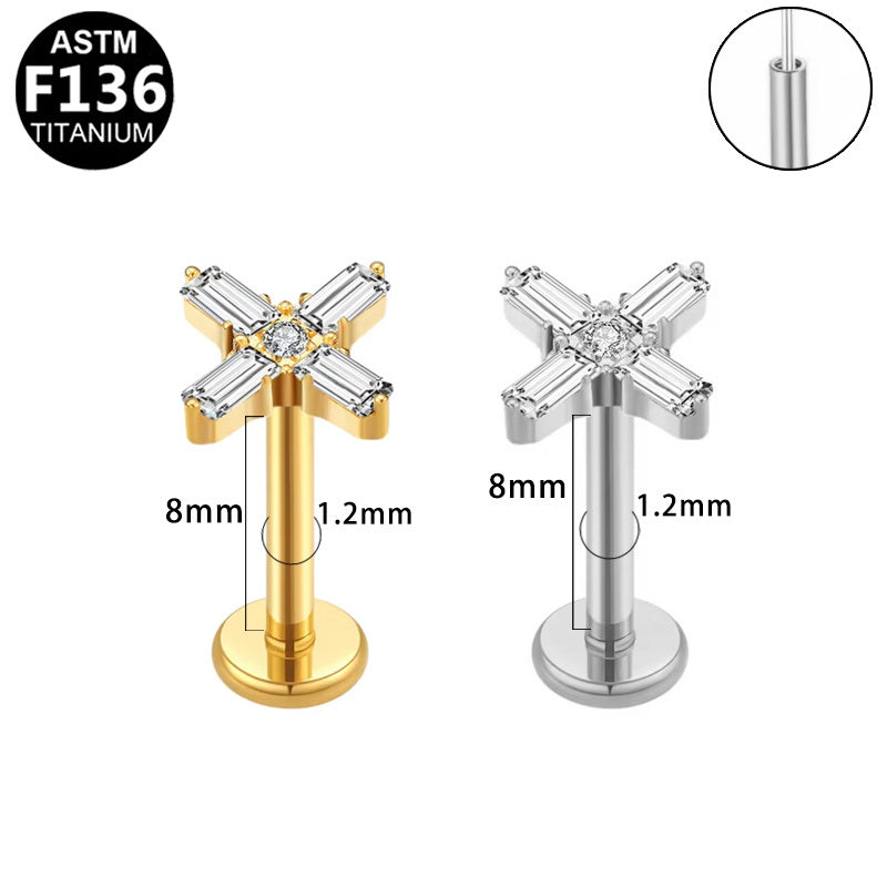 ASTM F136 Titanium 16G Cross CZ Threadless Labret Hypoallergenic Piercing Jewelry