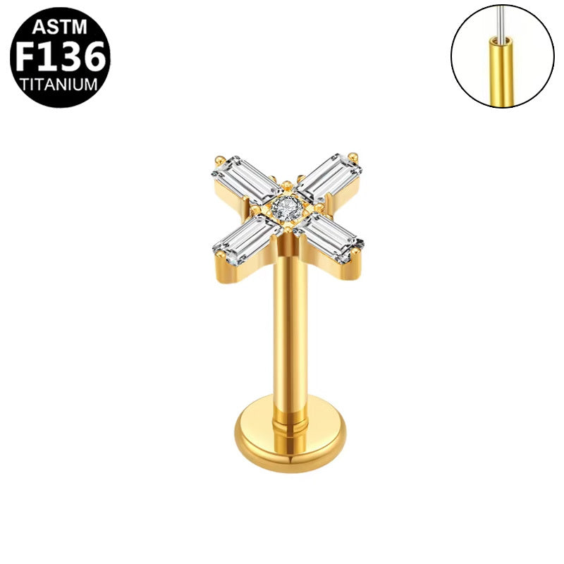 ASTM F136 Titanium 16G Cross CZ Threadless Labret Hypoallergenic Piercing Jewelry