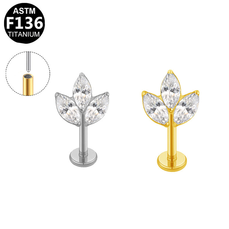 ASTM F136 Titanium 16G Marquise CZ Leaf Threadless Labret Hypoallergenic Piercing Jewelry