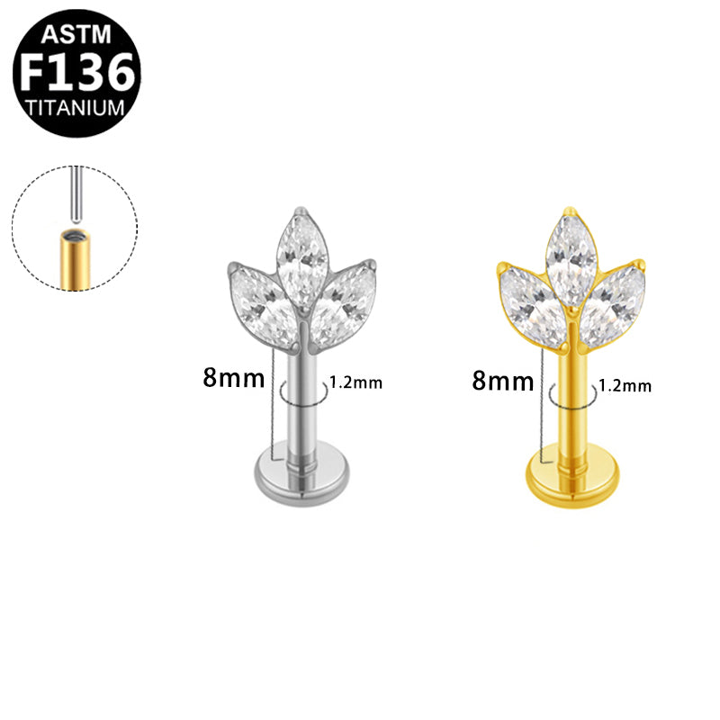 ASTM F136 Titanium 16G Marquise CZ Leaf Threadless Labret Hypoallergenic Piercing Jewelry