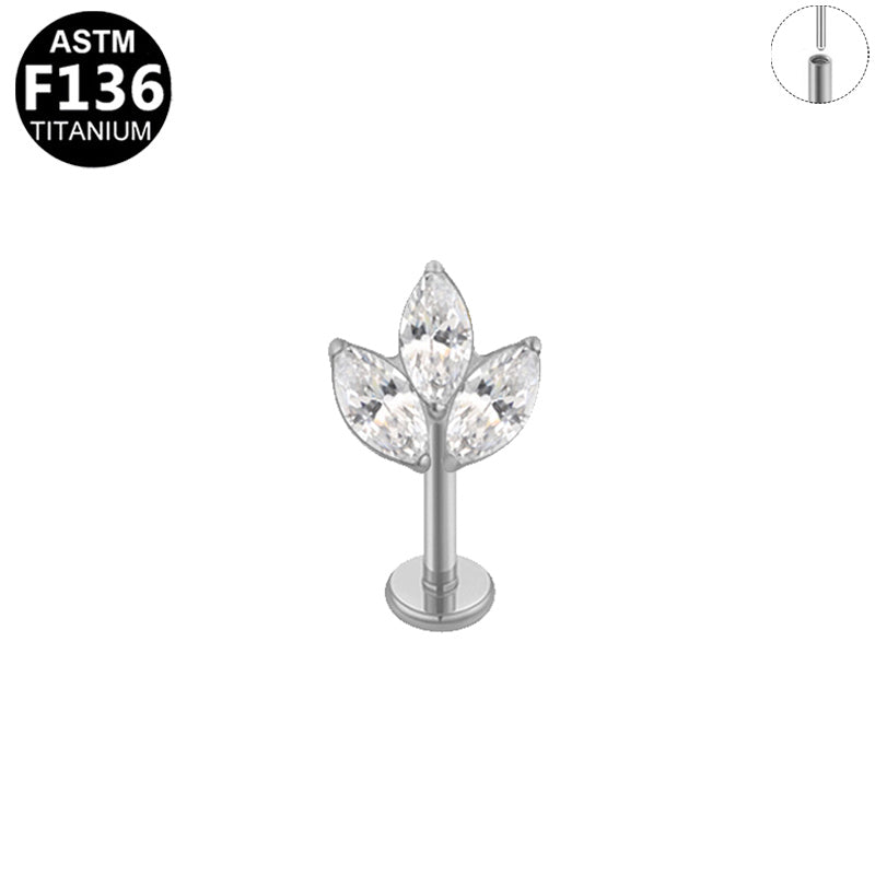 ASTM F136 Titanium 16G Marquise CZ Leaf Threadless Labret Hypoallergenic Piercing Jewelry