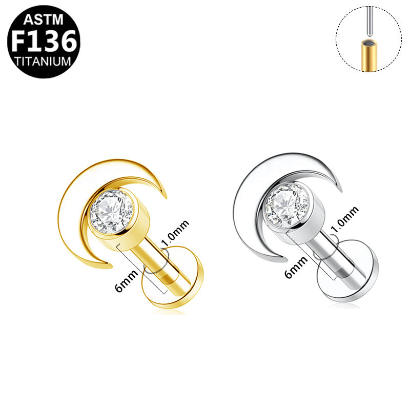 ASTM F136 Titanium 16G Crescent Moon CZ Threadless Labret Implant Grade Piercing Jewelry for Tragus,Helix,Cartilage