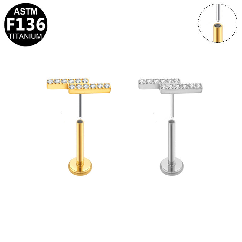 ASTM F136 Titanium 16G18G Staggered Double Bar CZ Threadless Labret Implant Grade Piercing Jewelry for Flat, Helix, Conch