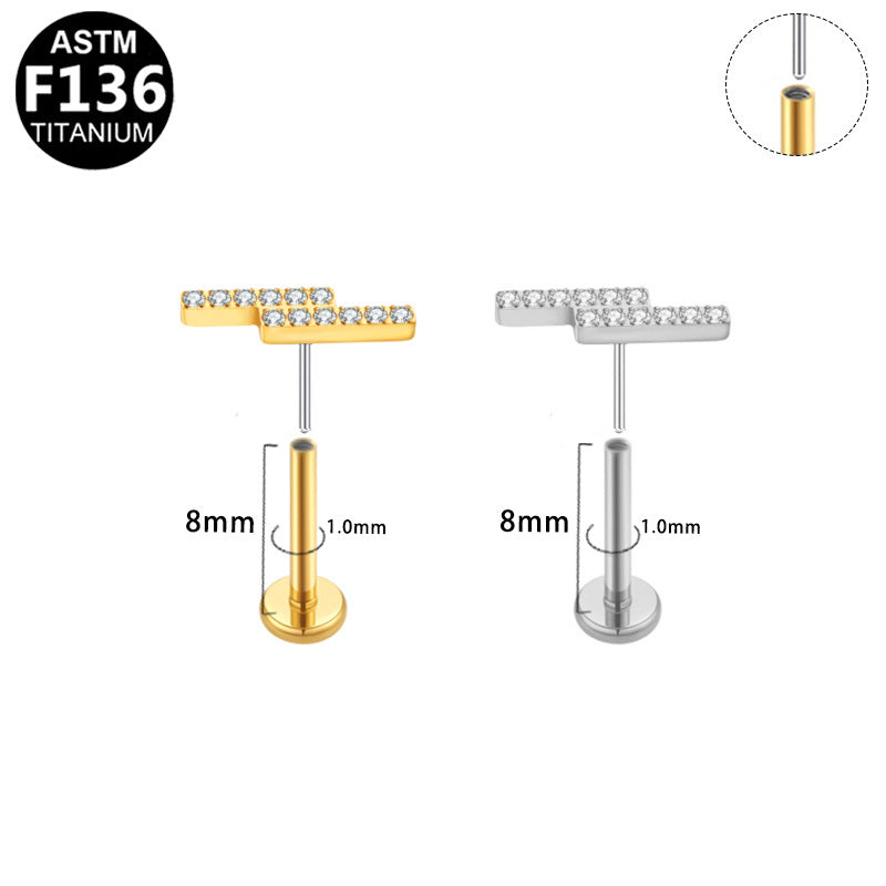 ASTM F136 Titanium 16G18G Staggered Double Bar CZ Threadless Labret Implant Grade Piercing Jewelry for Flat, Helix, Conch