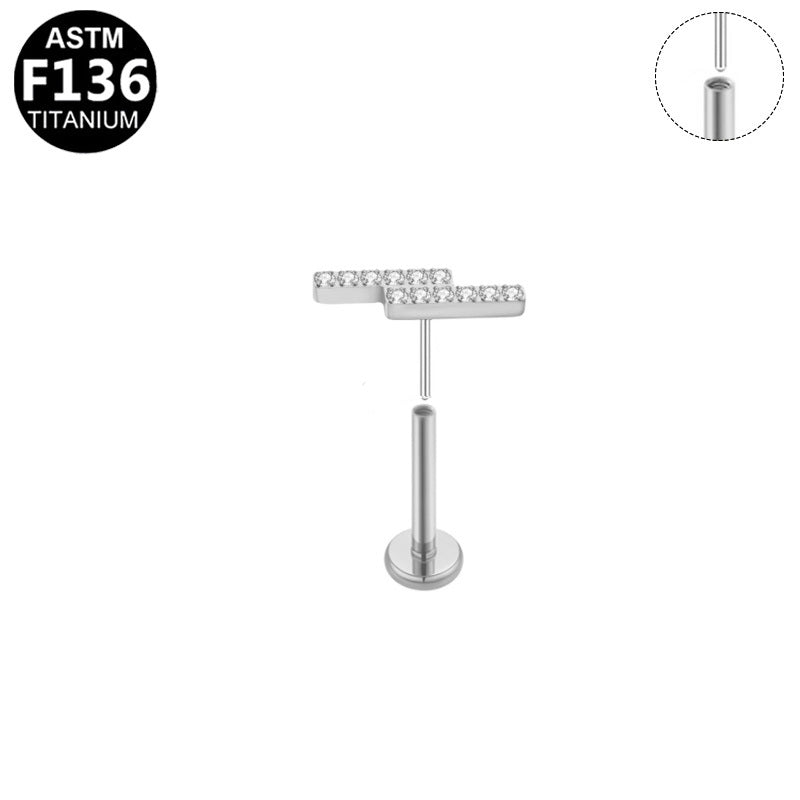 ASTM F136 Titanium 16G18G Staggered Double Bar CZ Threadless Labret Implant Grade Piercing Jewelry for Flat, Helix, Conch