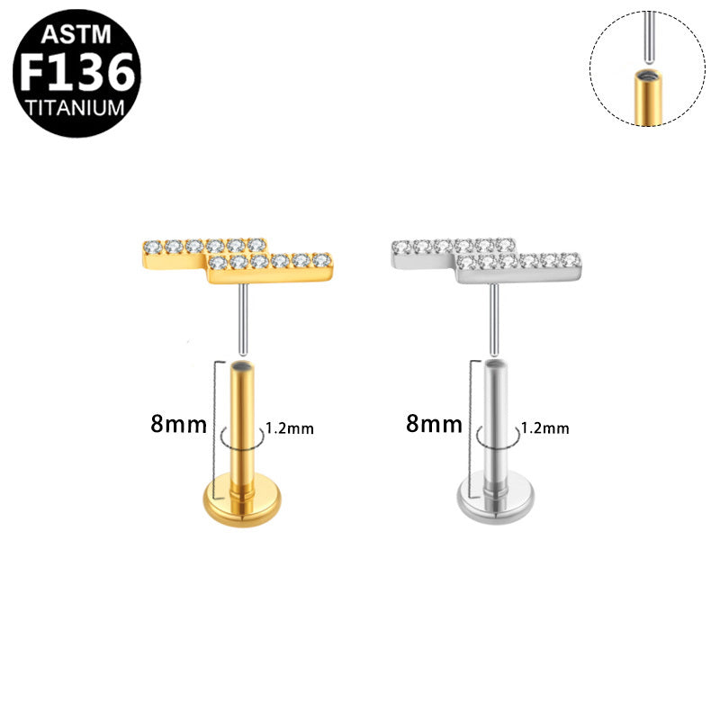 ASTM F136 Titanium 16G18G Staggered Double Bar CZ Threadless Labret Implant Grade Piercing Jewelry for Flat, Helix, Conch