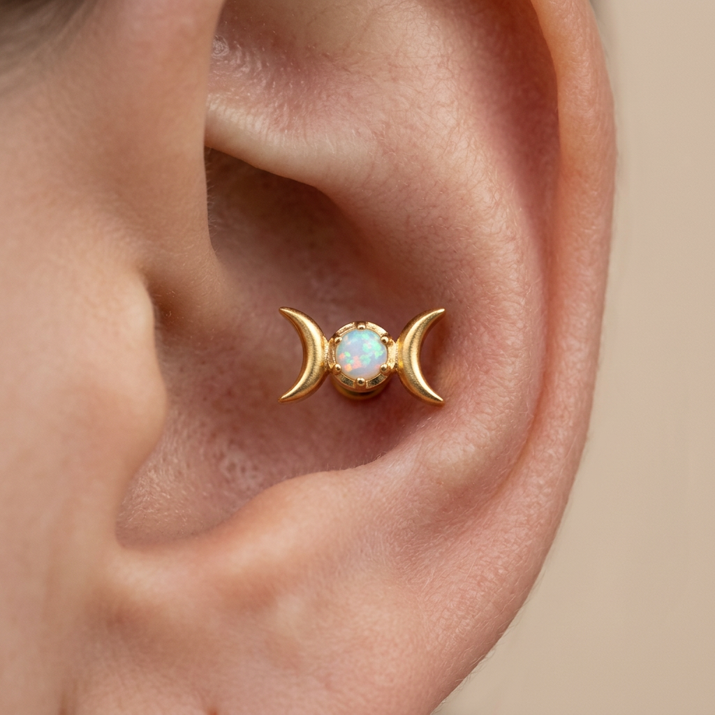 ASTM F136 Titanium 16G Double C Opal Threadless Labret Implant Grade Piercing Jewelry for Conch,Helix, Flat