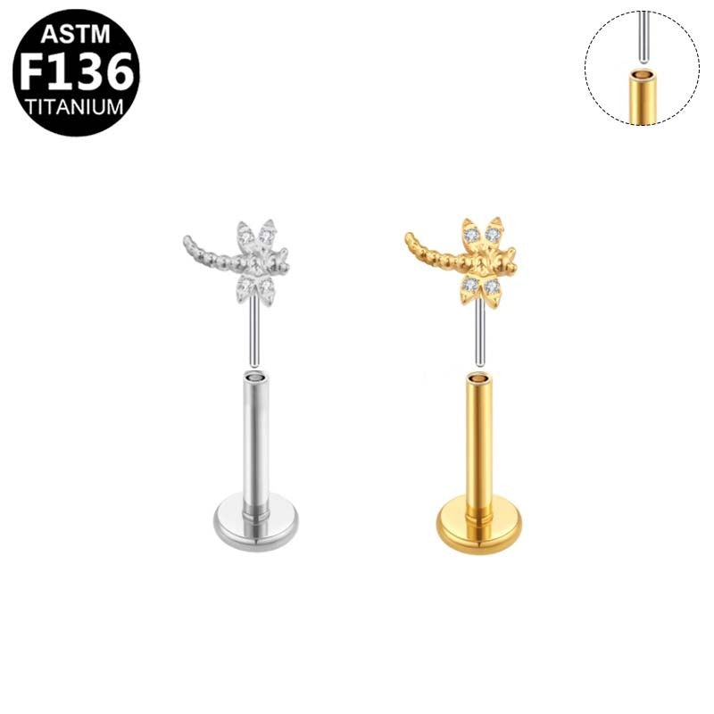 ASTM F136 Titanium 16G CZ Dragonfly Threadless Labret Implant Grade Piercing Jewelry for Helix, Flat, Lobe