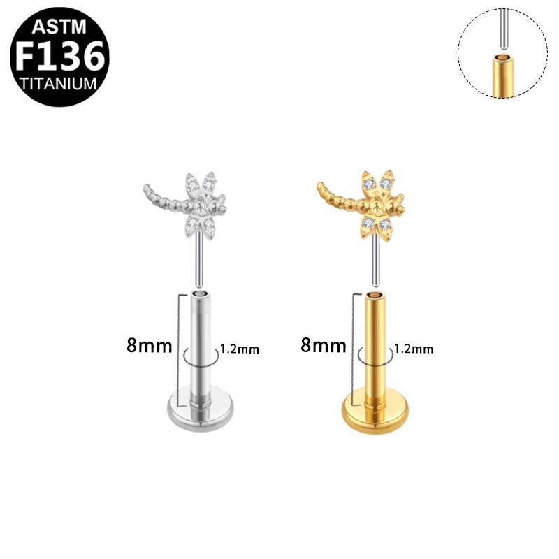 ASTM F136 Titanium 16G CZ Dragonfly Threadless Labret Implant Grade Piercing Jewelry for Helix, Flat, Lobe