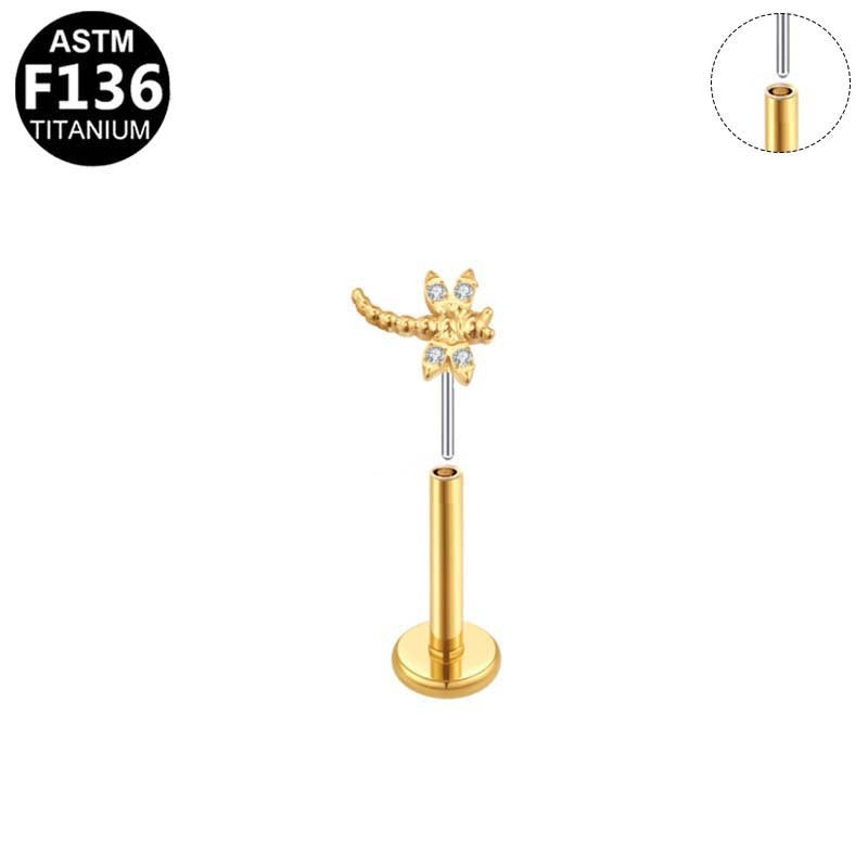ASTM F136 Titanium 16G CZ Dragonfly Threadless Labret Implant Grade Piercing Jewelry for Helix, Flat, Lobe