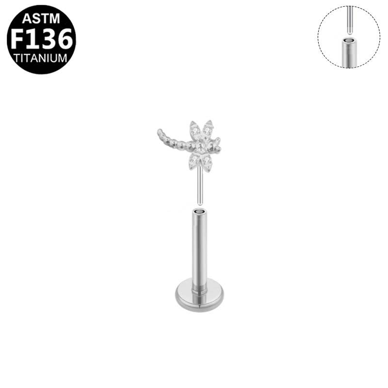 ASTM F136 Titanium 16G CZ Dragonfly Threadless Labret Implant Grade Piercing Jewelry for Helix, Flat, Lobe