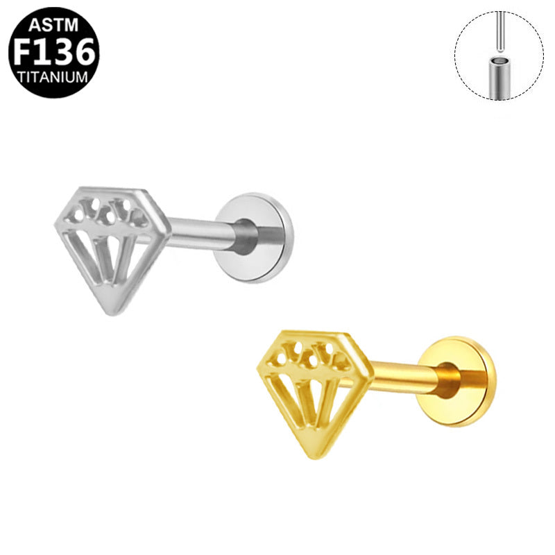 ASTM F136 Titanium 16G Hollow-Out Diamond Shaped Threadless Labret Implant Grade Piercing Jewelry for Helix, Lobe, Flat
