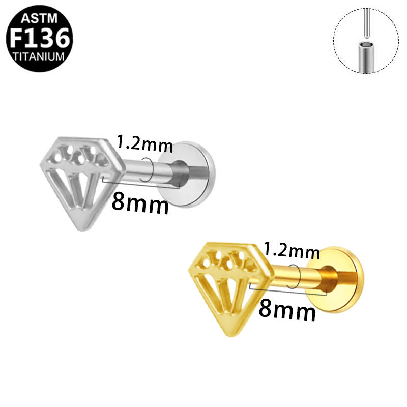 ASTM F136 Titanium 16G Hollow-Out Diamond Shaped Threadless Labret Implant Grade Piercing Jewelry for Helix, Lobe, Flat