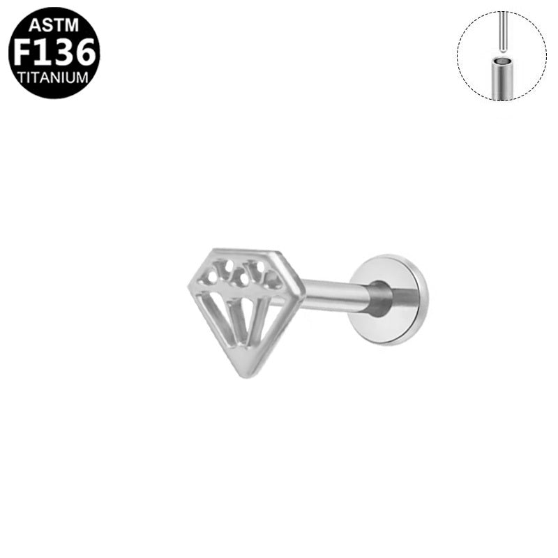 ASTM F136 Titanium 16G Hollow-Out Diamond Shaped Threadless Labret Implant Grade Piercing Jewelry for Helix, Lobe, Flat