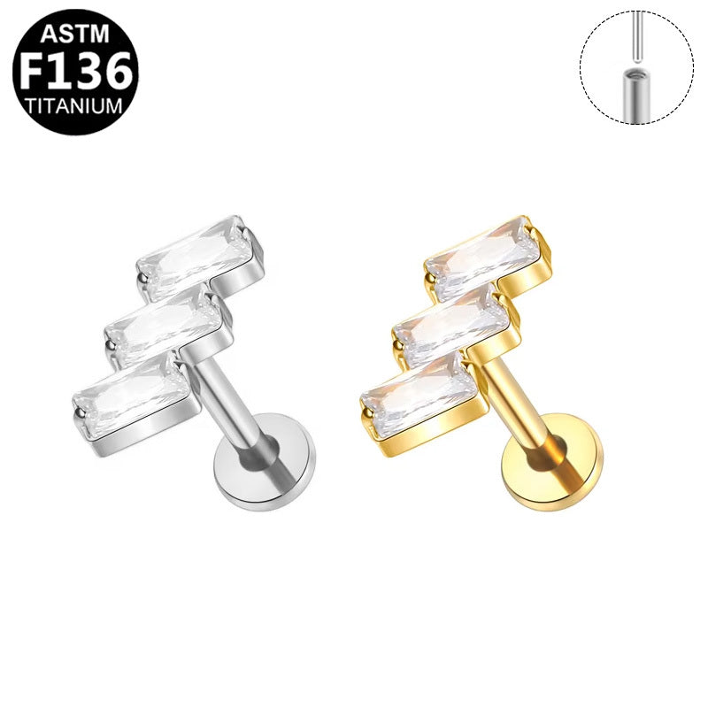 ASTM F136 Titanium 16G Triple Baguette CZ Threadless Labret Implant Grade Piercing Jewelry for Flat, Helix, Conch