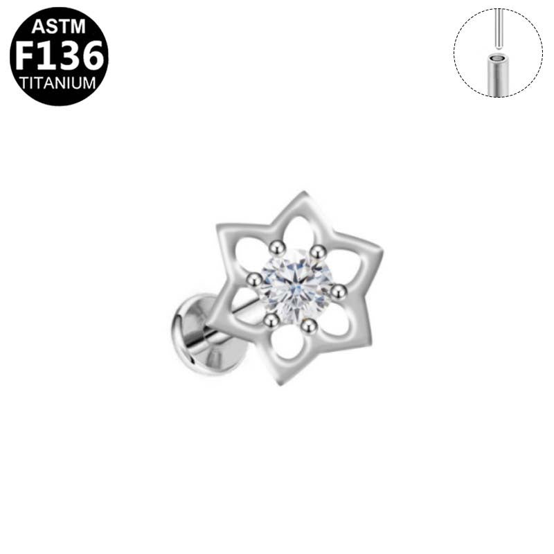 ASTM F136 Titanium 16G Hollow Star Flower CZ Threadless Labret Implant Grade Piercing Jewelry for Helix, Lobe, Flat