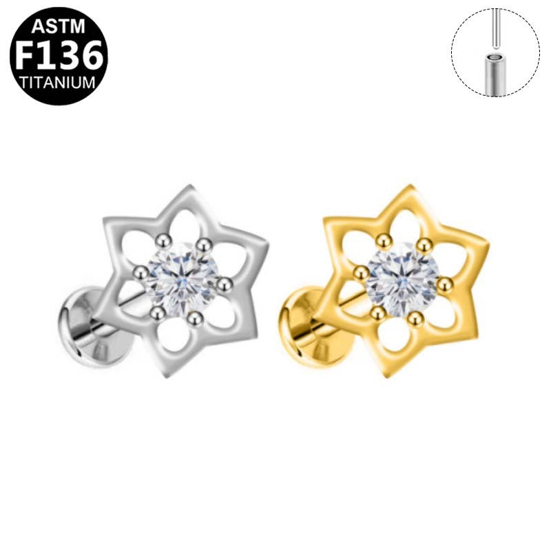 ASTM F136 Titanium 16G Hollow Star Flower CZ Threadless Labret Implant Grade Piercing Jewelry for Helix, Lobe, Flat