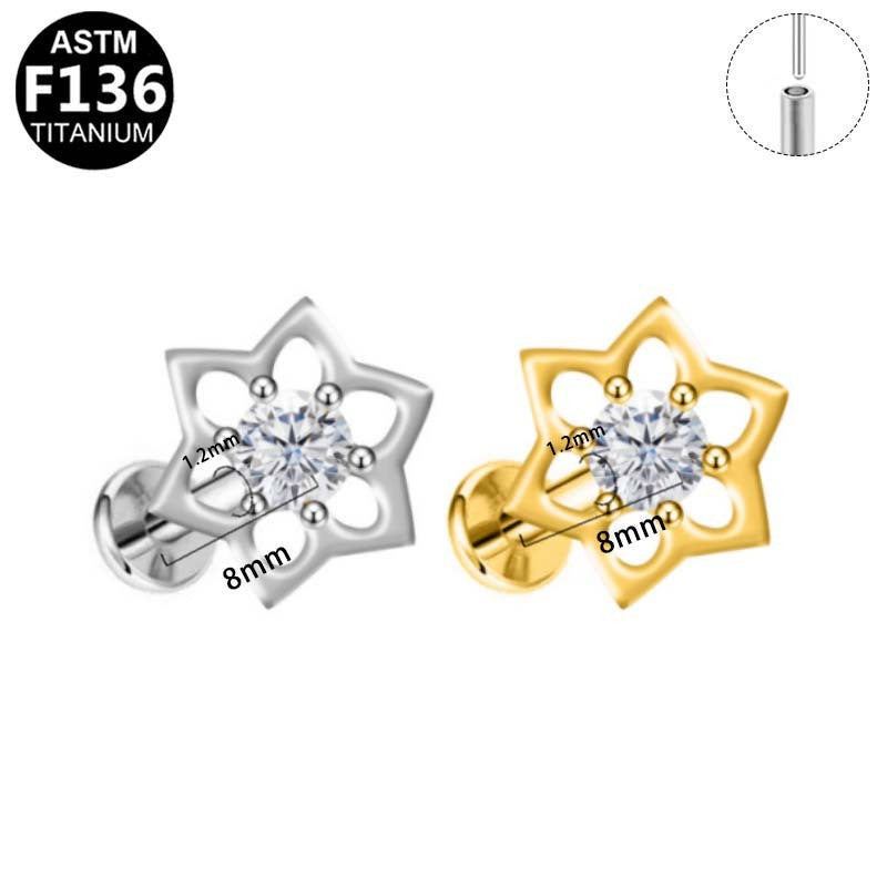 ASTM F136 Titanium 16G Hollow Star Flower CZ Threadless Labret Implant Grade Piercing Jewelry for Helix, Lobe, Flat