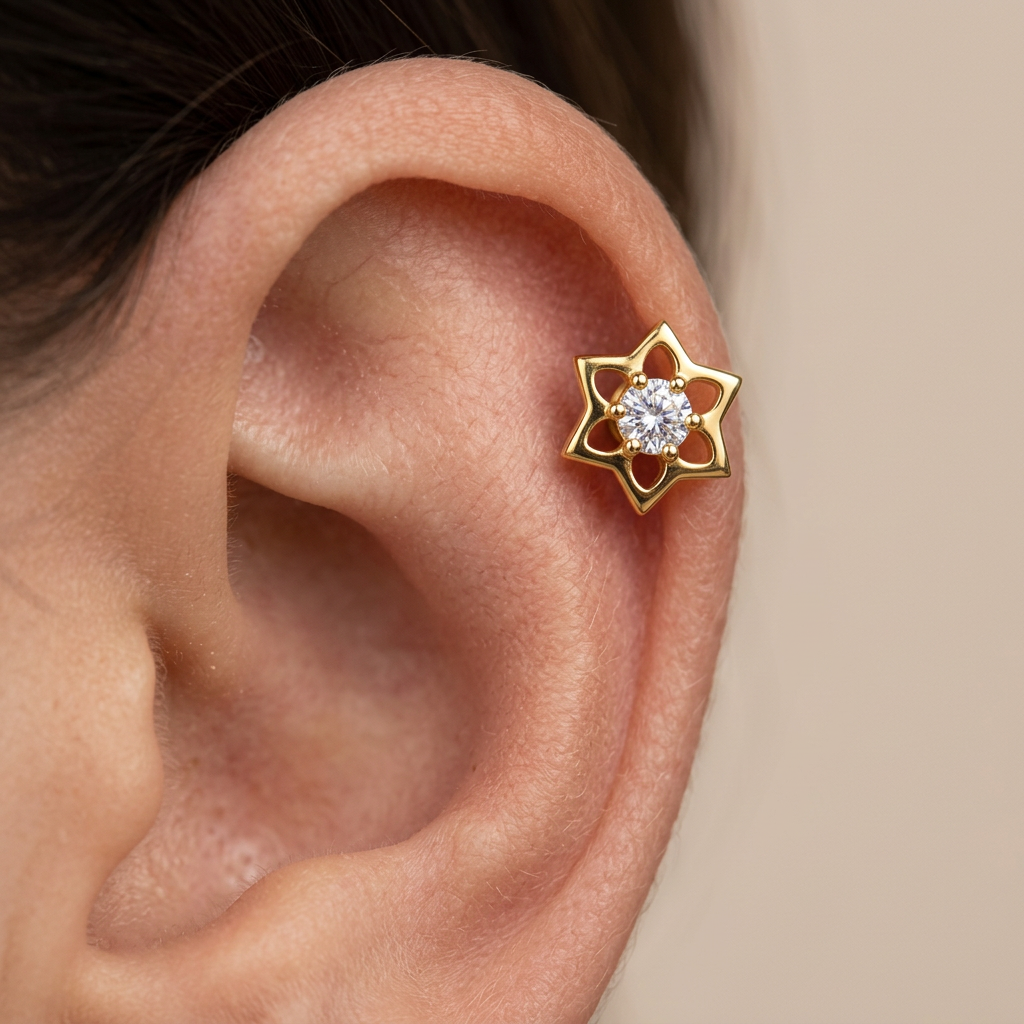 ASTM F136 Titanium 16G Hollow Star Flower CZ Threadless Labret Implant Grade Piercing Jewelry for Helix, Lobe, Flat