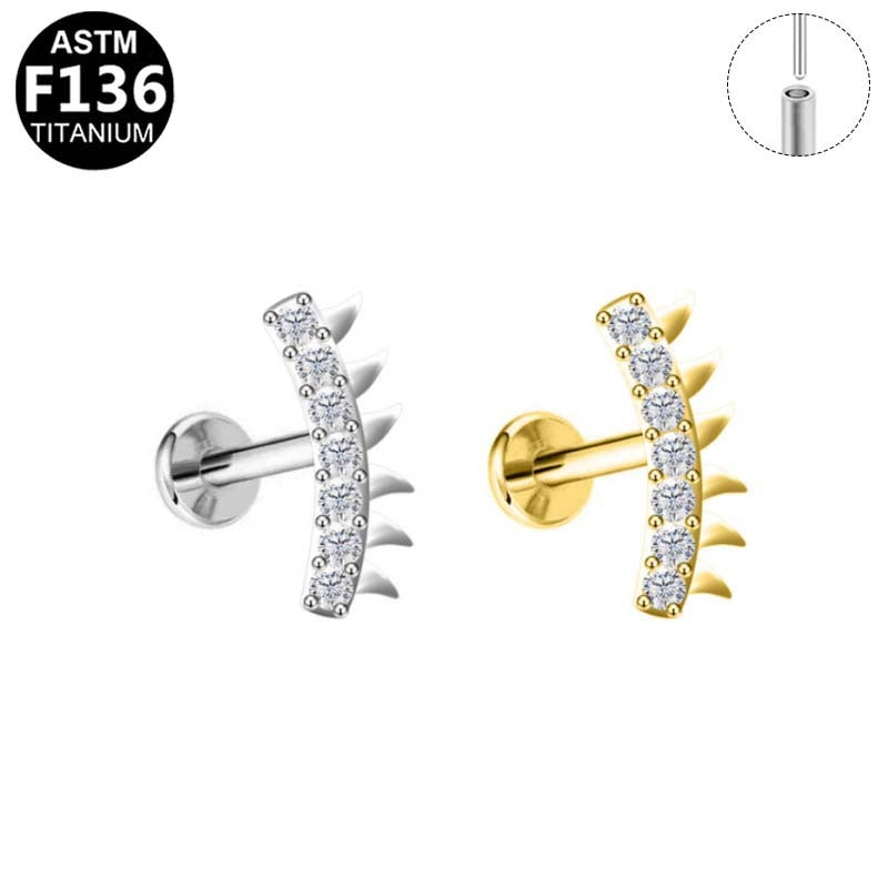 ASTM F136 Titanium 16G Spiked Curved Bar CZ Threadless Labret Implant Grade Piercing Jewelry for Helix, Flat, Conch