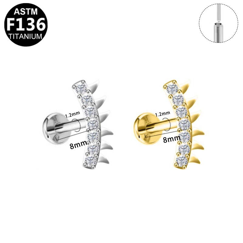 ASTM F136 Titanium 16G Spiked Curved Bar CZ Threadless Labret Implant Grade Piercing Jewelry for Helix, Flat, Conch