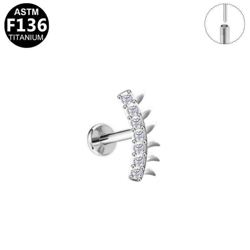 ASTM F136 Titanium 16G Spiked Curved Bar CZ Threadless Labret Implant Grade Piercing Jewelry for Helix, Flat, Conch